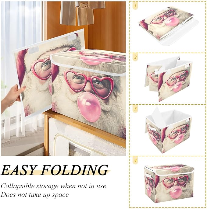 Storage Cube with Lid Funny Santa Print 16.5×12.6×11.8 IN Collapsible Large Capacity Foldable Storage Basket Bin Organizer