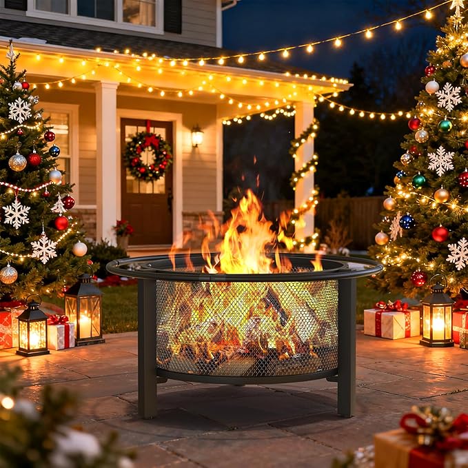ONBRILL 2-in-1 32 Inch Fire Pit with Cooking Grill Outdoor Wood Burning Firepit with Poker for BBQ Bonfire Picnic Party Round Metal Fire Pit for Outside Backyard Patio