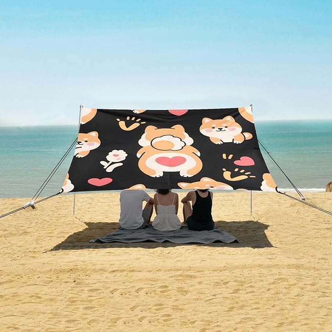 ALAZA Corgi Flower Heart Pattern Beach Tent Sun Shelter Portable Canopy Sunshade for Outdoor Camping Picnics Backyard Fun 10x9 ft
