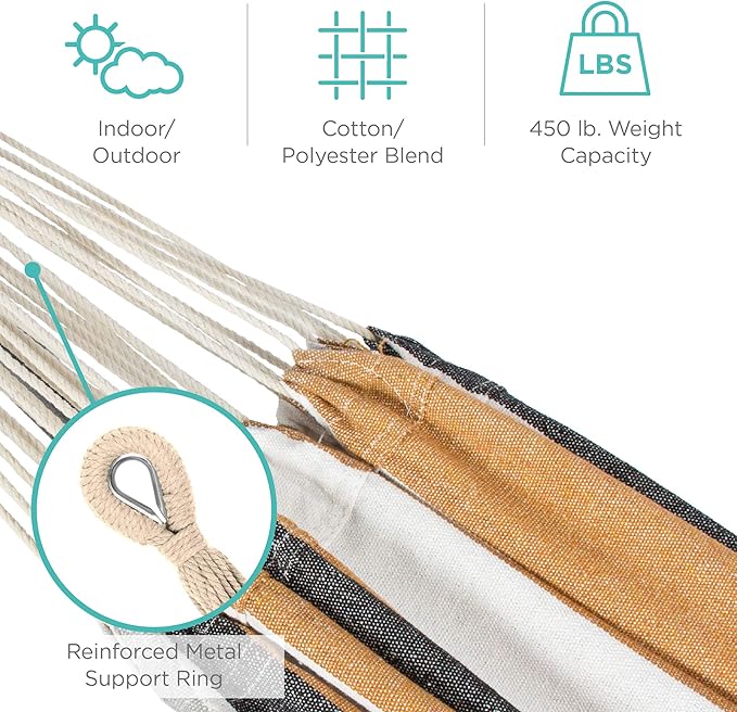 Best Choice Products Double Hammock with Steel Stand Indoor Outdoor Brazilian-Style Cotton Bed w/Carrying Bag 2-Person Capacity - Desert Stripes