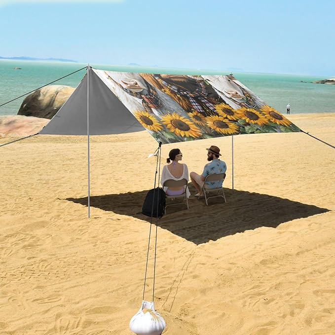 ALAZA Three Highland Cattle Sunflowers Beach Tent Sun Shelter Portable Canopy Sunshade for Outdoor Camping Picnics Backyard Fun 10x9 ft