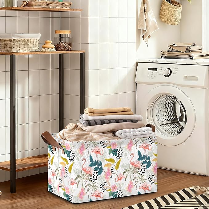Storage Bin with Handles Forest Pink Flamingo Collapsible Laundry Baskets for Books Laundry - Use in Nursery Closet Organizers and Storage Blanket Basket