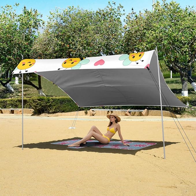Beach Canopy with Windproof Ropes &amp Sandbags Beach Tent Sun Shade Sun Shelter for Camping Trips Fishing Backyard Fun or Picnics Bees