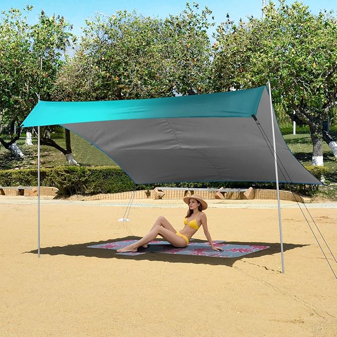 Astract Gradient Blue Shiny Beach Cabana UPF50 Easy Setup Portable Sun Shelter Includes Sand Shovel Sandbags Stability Poles for Camping Picnics Backyard