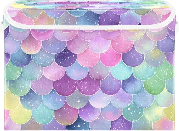 Collapsible Storage Bins with Lids Decorative Fabric Storage Cubes Closet Organizer and Storage Basket Boxes Containers for Clothes Box Chest Nursery Folding Rectangle Purple Mermaid Scale