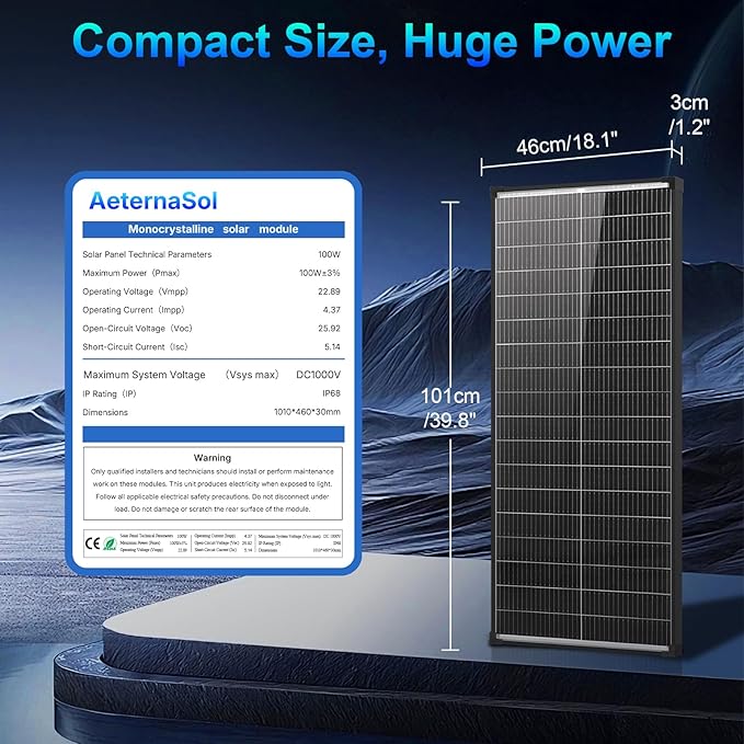 100W Bifacial Solar PanelN-Type 12V 18BB 25% High-Efficiency A+ Monocrystalline Cell IP68 Waterproof Solar Panel for RV Marine Boat Trailer Camper Rooftop Farm and Other Off-Grid System