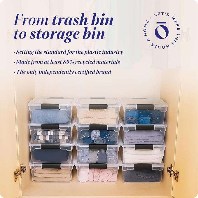 HOMZ 12-Pack Secure Latch Clear Plastic Storage Organizer Bins 15.5 Quart Gray Latches - Stackable Organizing Containers for Home Garage and Office
