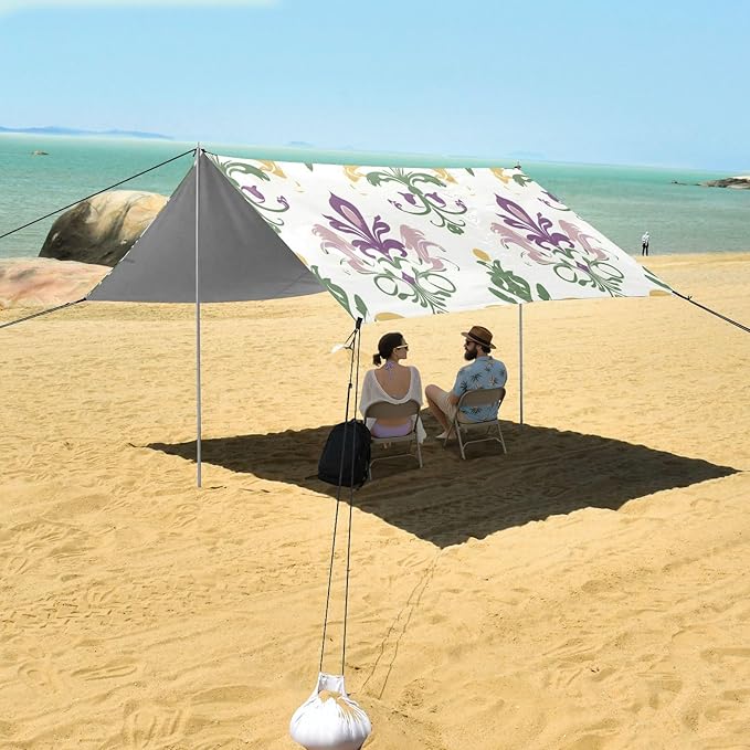 xigua Mardi Gras Beach Tent Sun Shelter with Carrying Bag - Silver Coated Oxford Fabric Beach Canopy for Beach Camping Fishing - Includes Windproof Ropes Sandbags &amp Stakes