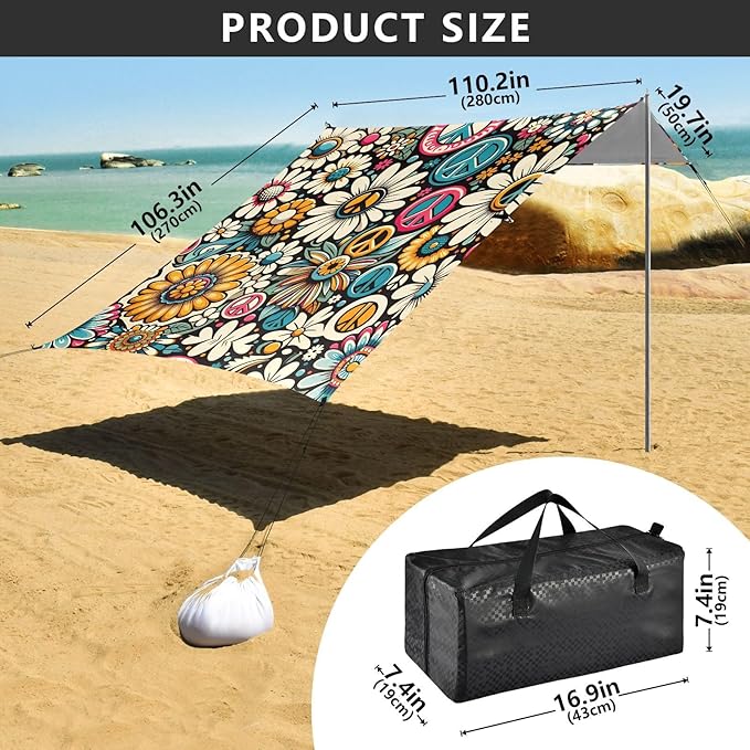 ALAZA Daisy Flower Peace Vintage Beach Tent Sun Shelter UPF50+ Protection Beach Shade Canopy w/ 4 Sandbags for Outdoor Camping Fishing Backyard Fun Picnic 10x9 ft