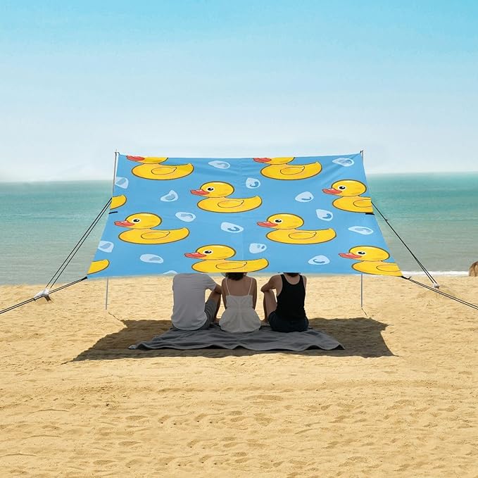 ALAZA Yellow Duck Blue Beach Tent Sun Shelter UPF50+ Protection Beach Shade Canopy w/ 4 Sandbags for Outdoor Camping Fishing Backyard Fun Picnic 10x9 ft
