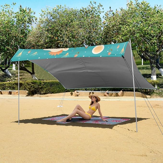 Green Camel Flower Stable Beach Tent UPF50+ Water-Resistant Large Sun Shelter with Sand Pockets for Camping Picnics Backyard &amp Fishing