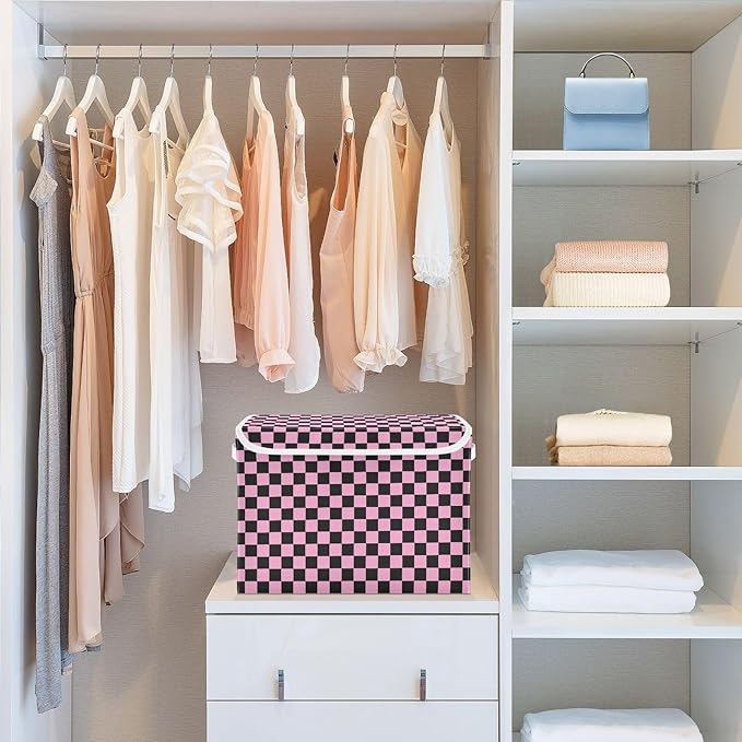 Pink Black Checkerboard Storage Baskets Lidded Bin Foldable Storage Boxes Cubes Lids with 2 Handles for Organizing Closet Home Office