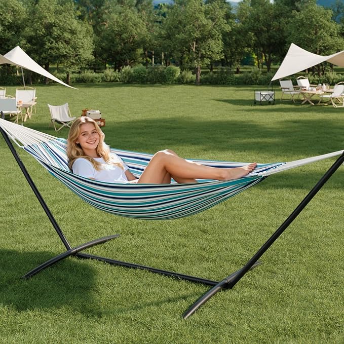 GAOMON Double Hammock with Steel Stand for Outside Portable Space Saving for Indoor Outdoor Patio w/Carrying Bag 450 lbs Capacity - Ocean Stripes