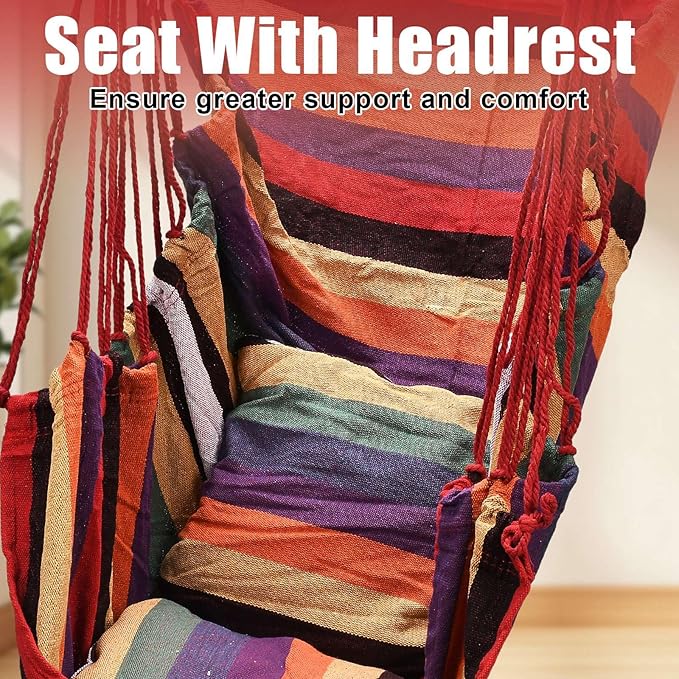 Hammock Chair Hanging Swing with 2 Pillows &amp Side Pocket Soft Cotton Tassel Swinging Chair with Strong Webbing Straps &amp Hooks Indoor Outdoor Comfort Seat (Red)