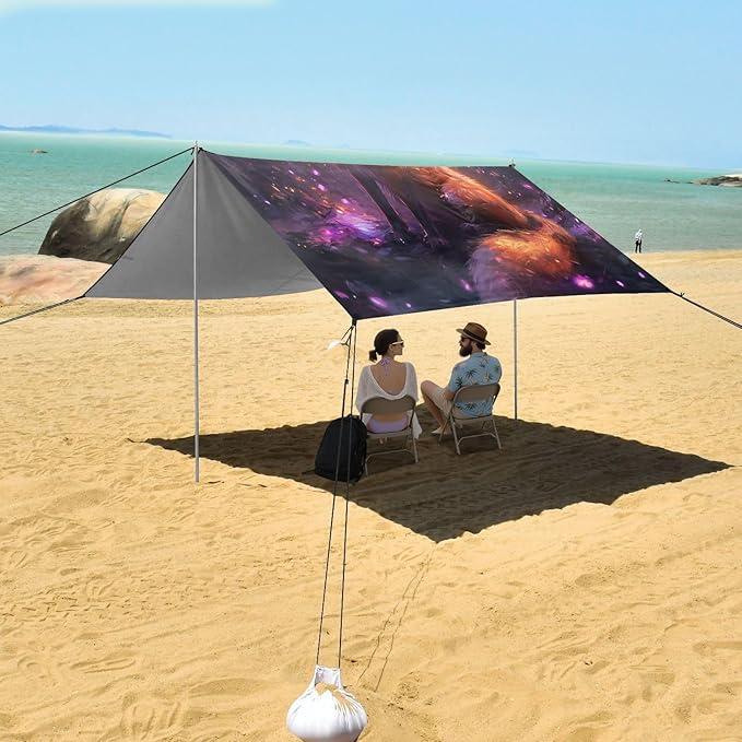 ALAZA Magic Fox Beach Tent Sun Shelter UPF50+ Protection Beach Shade Canopy w/ 4 Sandbags for Outdoor Camping Fishing Backyard Fun Picnic 10x9 ft