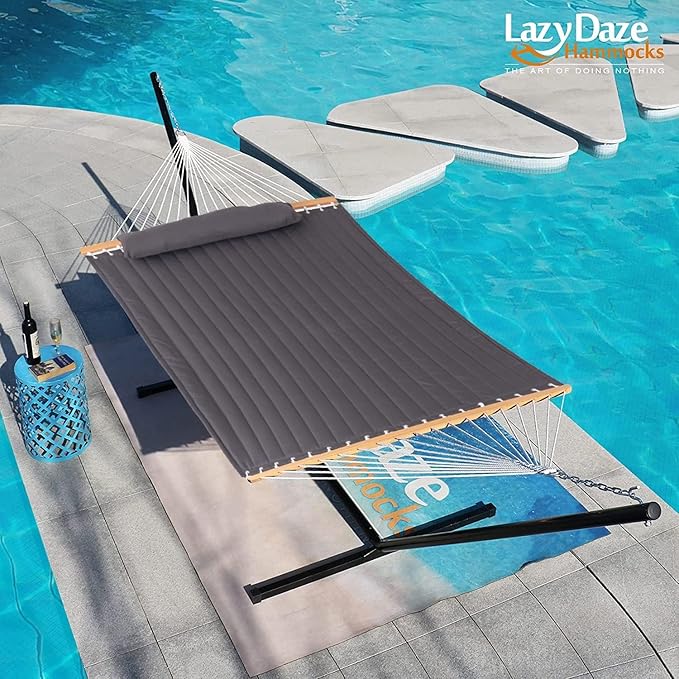 Lazy Daze Hammocks 12 FT Double Quilted Fabric Hammock with Spreader Bar and Detachable Pillow 2 Person Double for Outside Patio Poolside Backyard Beach 450lbs Capacity Gray