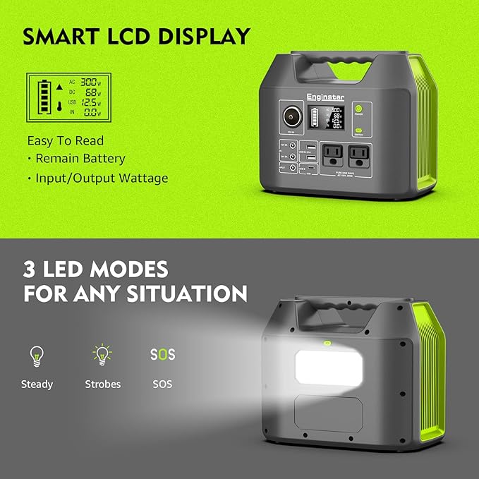 EnginStar Solar Generator 300W Portable Power Station 296Wh Lithium Battery Backup w/Two 110V Pure Sine Wave AC Outlet for Camping Road Trip RV 80000mAh Sufficient Power Supply for Blackout