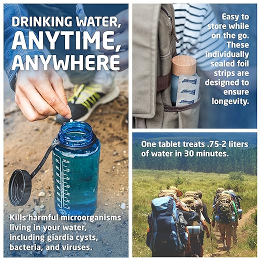 Aquatabs 49mg Water Purification Tablets (100 Pack). Water Filtration System for Hiking Backpacking Camping Emergencies Survival and Home-Use. Easy to Use Treatment and Disinfection.