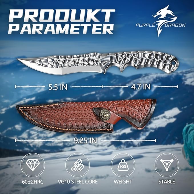Purple Dragon Fixed Blade Knife with Sheath Full Tang Survival Knife Silver Bushcraft Knives for Outdoor Camping Hiking Gift for Men