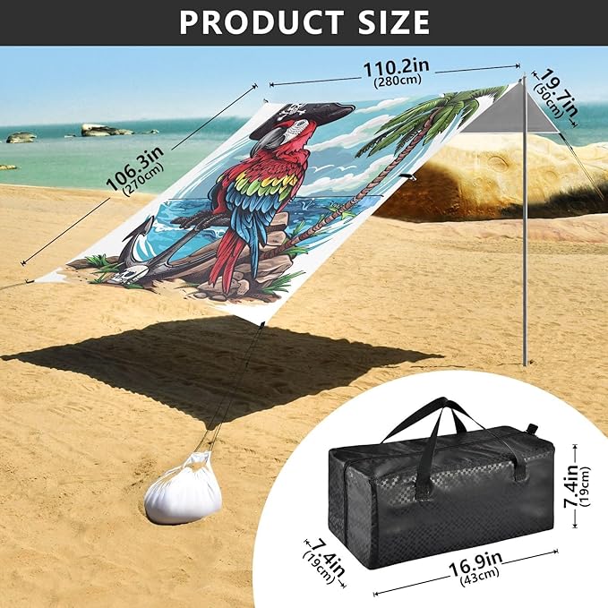 ALAZA Pirate Parrot Beach Tent Sun Shelter UPF50+ Protection Beach Shade Canopy w/ 4 Sandbags for Outdoor Camping Fishing Backyard Fun Picnic 10x9 ft