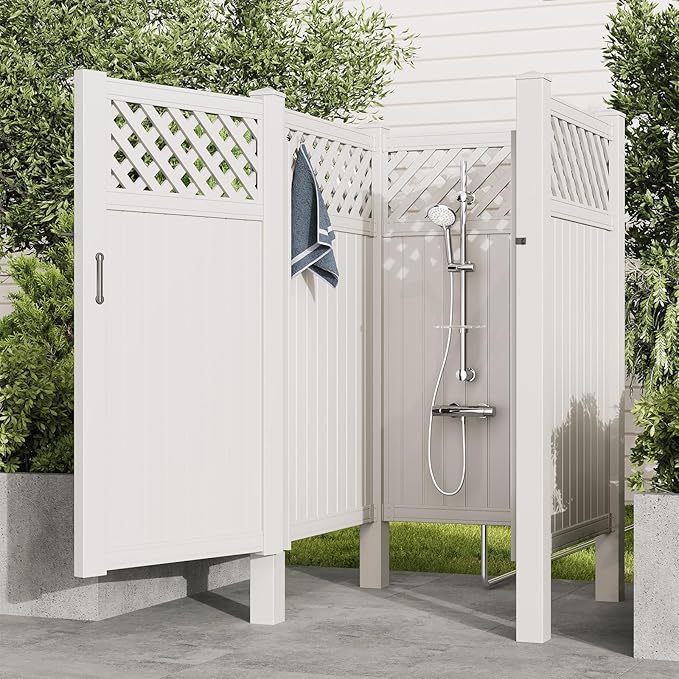 EROMMY 80.75H x 45.75W x 45.75L White PVC Outdoor Shower Enclosure with Door Weatherproof Privacy Stall for Pool &amp Beach Durable Vinyl Construction(Grid-panel)