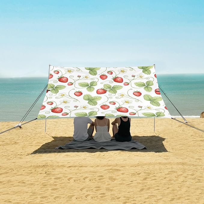 xigua Strawberry Beach Tent Sun Shelter with Carrying Bag - Silver Coated Oxford Fabric Beach Canopy for Beach Camping Fishing - Includes Windproof Ropes Sandbags &amp Stakes