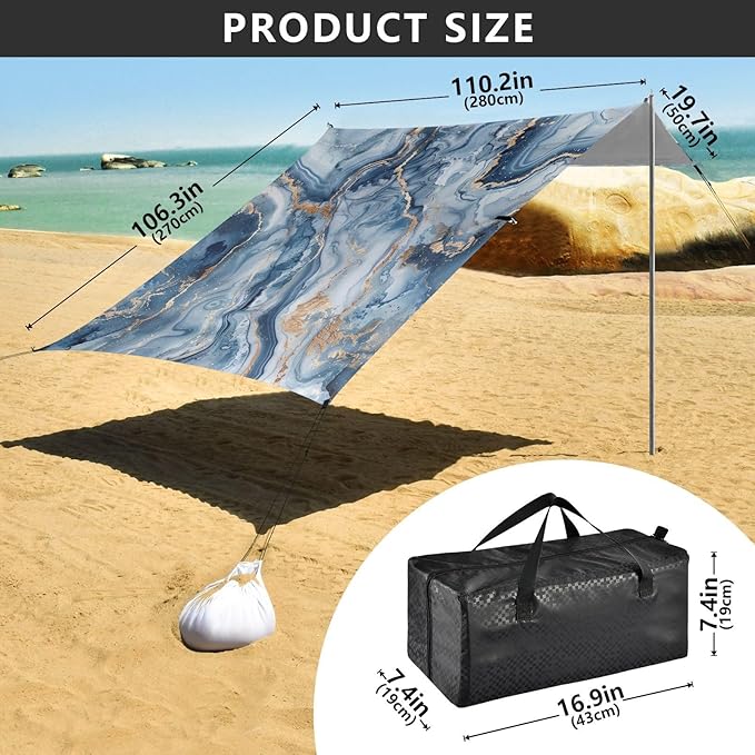 ALAZA Marble Watercolor Blue &amp Gold Beach Tent Sun Shelter UPF50+ Protection Beach Shade Canopy w/ 4 Sandbags for Outdoor Camping Fishing Backyard Fun Picnic 10x9 ft