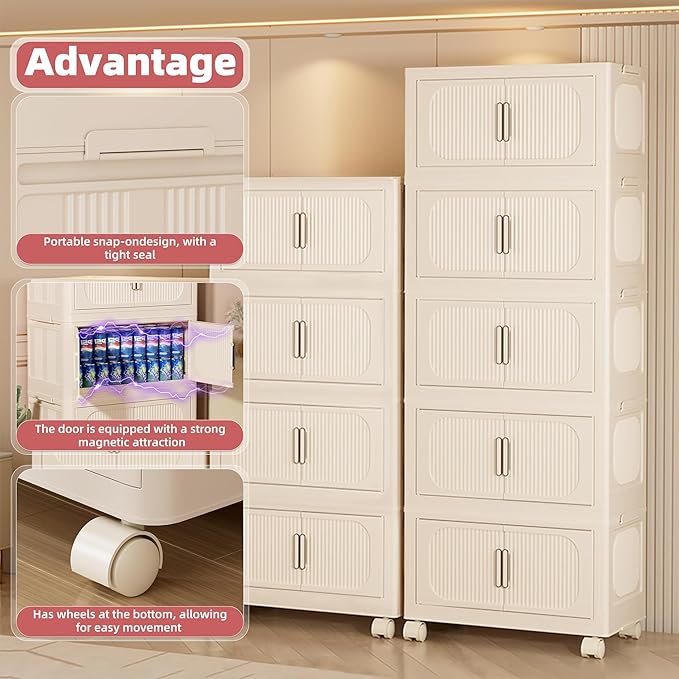 Stackable Storage Bins with Lids Plastic Closet Cabinet Organizers Storage for Bedroom Collapsible Modular Bins for Shelves Organizer for Dorm Room Home Office (Yellow 1 Layer: 17.5“ D x 9.7 W)