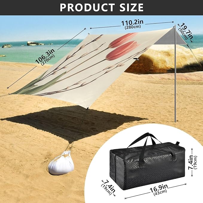 ALAZA Vintage Pink Tulips Floral Beach Tent Sun Shelter Portable Canopy Sunshade for Outdoor Camping Picnics Backyard Fun 10x9 ft