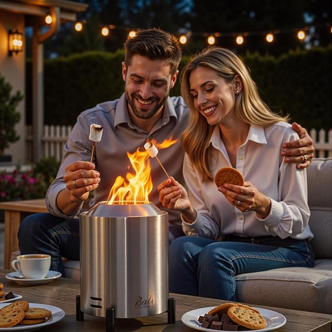 BALI OUTDOORS 6.5 inch Tabletop Fire Pit Round Stainless Steel Table Top Firepit Small Outdoor Smokeless Firepit Portable Silvery
