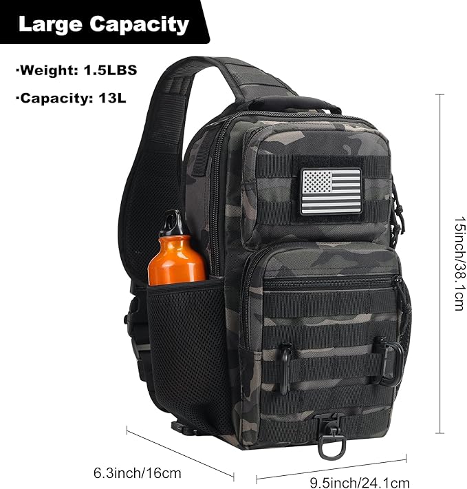 Rover Sling Pack Tactical Shoulder Sling Bag Backpack with Bottle Holder Crossbody Chest Bag Black Camo