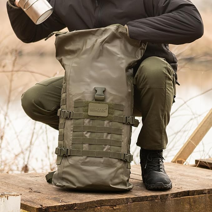 Mil-Tec Unisex 30L Tactical Seals Dry Bag - Secure Rugged Durable Waterproof Outdoor Kayaking Boating Camping Hiking MOLLE Backpack with Adjustable Wide Shoulder Straps &amp Padded Back Olive Drab