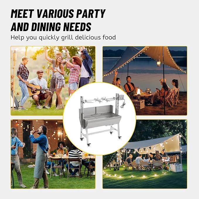 132LBS Rotisserie Grill with Hooded Cover 25W Motor BBQ Lamb Pig Grill Roaster Rotisserie 35 Stainless Steel Charcoal Grills for Camping Outdoor Barbecue