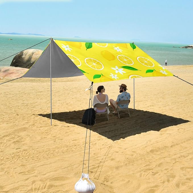 Beach Canopy with Windproof Ropes &amp Sandbags Beach Tent Sun Shade Sun Shelter for Camping Trips Fishing Backyard Fun or Picnics Lemons