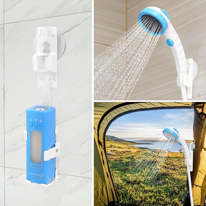 Portable Outdoor Camping Shower with Charger 5000mAh Power Bank High Capacity with LED Camping Lantern for Emergency Light Mobile phone emergency charging 3 Functions Handheld Shower Head