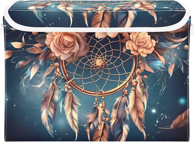 Dreamcatcher Feather Space Collapsible Storage Bins with Lids &amp Handles Foldable Storage Boxes Basket with Flip-Top Lid for Home Office 16.5” x 12.6” x 11.8”
