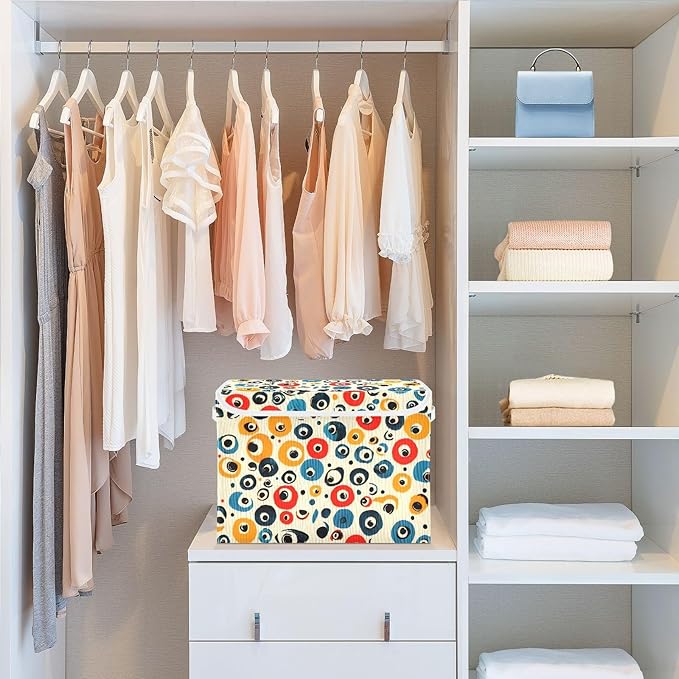 Colorful Dots Storage Cube Bins Basket with Lid Collapsible Flip-top Fabric with Handle for Home Bedroom Closet Office 16.5×12.6×11.8 in