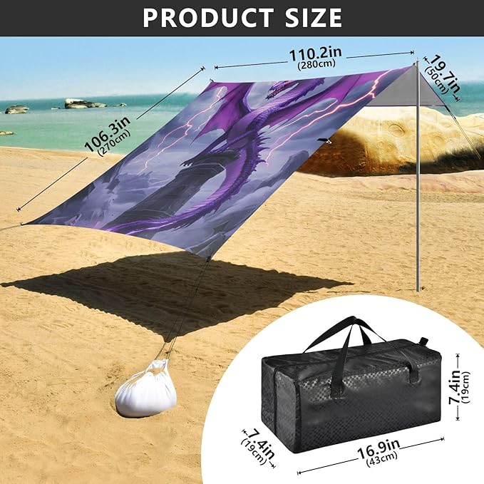 ALAZA Purple Dragon Lightning Beach Tent Sun Shelter Portable Canopy Sunshade for Outdoor Camping Picnics Backyard Fun 10x9 ft
