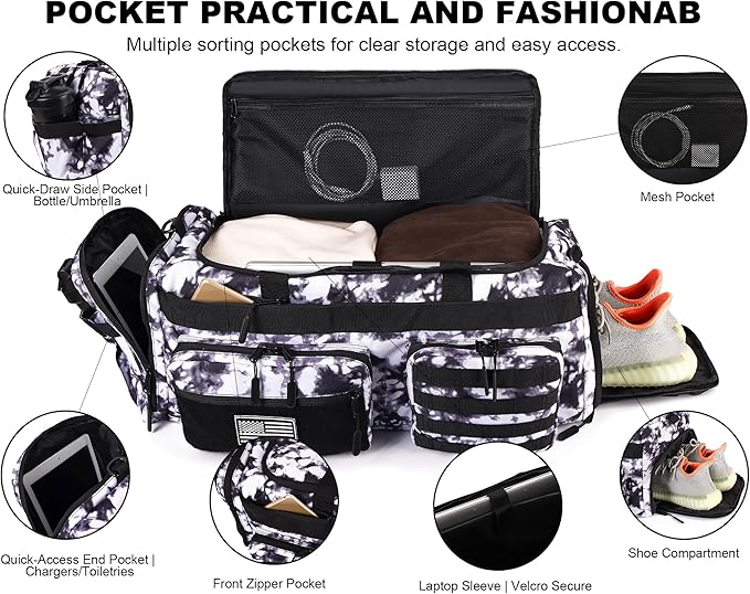 LHI 50L Tactical Duffle Bag for Men 3-in-1 Gym Duffle and Backpack Shoe Compartment Laptop Sleeve and MOLLE Carry-On Travel Weekender and Overnight Bag – Black and White