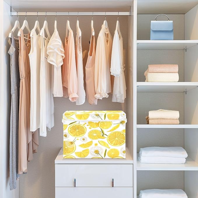 Collapsible Storage Bins with Lids Decorative Fabric Storage Cubes Closet Organizer and Storage Basket Boxes Containers for Clothes Box Chest Folding Rectangle Yellow Summer Lemon Sli