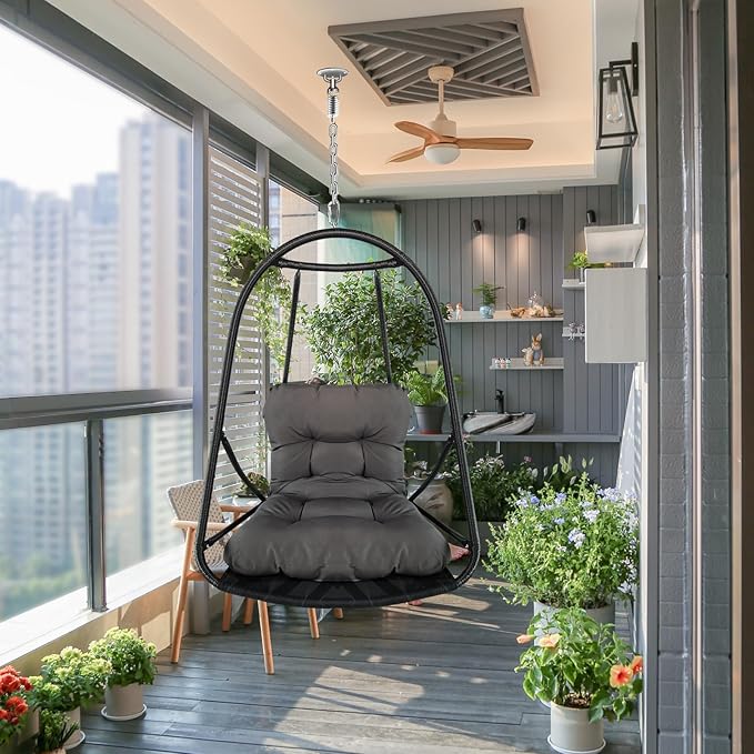 Without Stand Swing Egg Chair Indoor Outdoor Wicker Rattan Patio Basket Hanging Chair with C Type Bracket with Cushion and PillowPatio Wicker Folding Hanging Chair(Special Construction Cup Holder