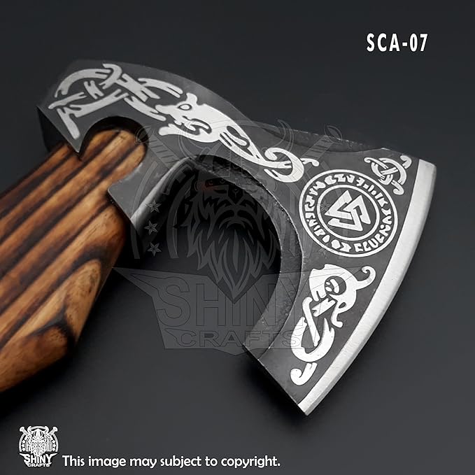 SHINY CRAFTS® Handcrafted Decorative Viking Axe with Leather-Wrapped Handle &amp Sheath – Engraved Blade – Ceremonial Collectible Gift for Men Warriors History Buffs Cosplay &amp Display (VBA-07)