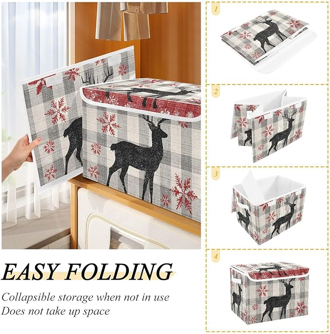 Grey Checkered Christmas Deer Storage Box with Lid 1 PC Foldable Storage Bin with Lids Stackable Storage Bins Cube Closet Organizer Basket with Flip-Top Lid &amp Handles for Shoes Books Towels