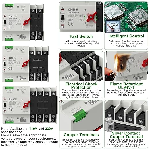 AC220V/240V 100Amp Automatic/Manual Transfer Switch 4P 50/60Hz 4Poles Mini ATS Auto Dual Power Switch Automatic Changeover Fast Transfer for Home Generator Soalr Rv and Lv Power