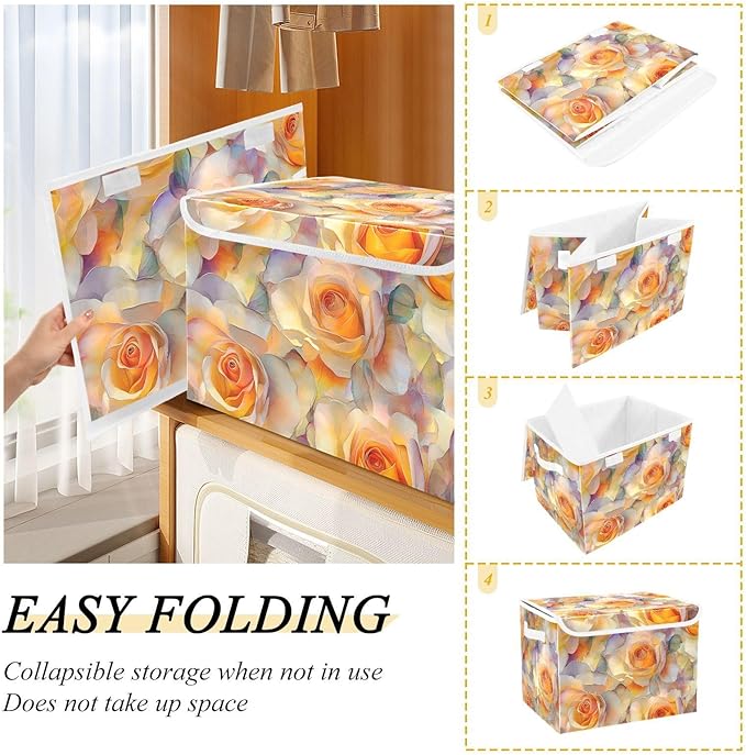 Aesthetic Floral Orange Storage Cube Bins Basket with Lid Collapsible Flip-top Fabric with Handle for Home Bedroom Closet Office 16.5×12.6×11.8 in