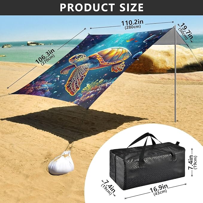 ALAZA Colorful Sea Turtle Moon Beach Tent Sun Shelter Portable Canopy Sunshade for Outdoor Camping Picnics Backyard Fun 10x9 ft