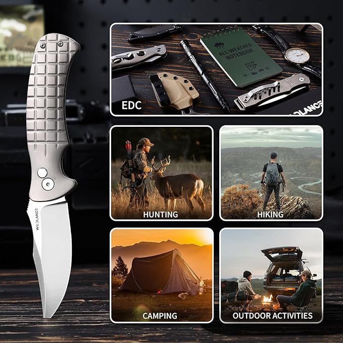 Small EDC Pocket Knife for Men &amp Women - 3 Trailing Point D2 Blade Titanium Handle with Button Lock &amp Pocket Clip | Small Slim Cool Folding Knife for Daily Carry Camping Hiking &amp Outdoo