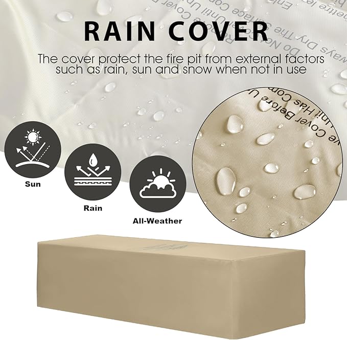 2-Piece Outdoor Propane Fire Pit Table Set w/Tank Cover Table 42inch 50000 BTU Rectangle Concrete Firepit SUS201 Burner with Steel Lid Lava Rocks Rain Cover