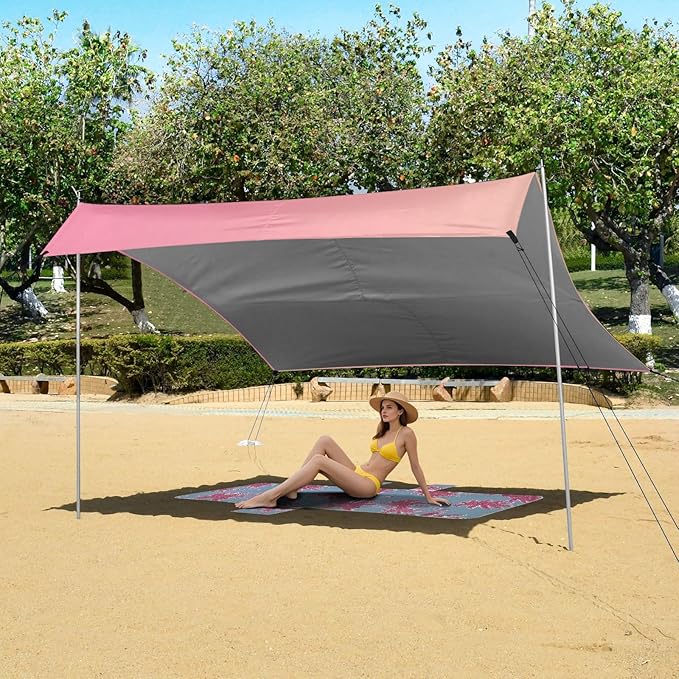 Pink Gradient Foldable Beach Cabana UPF50+ Protection Water-Resistant Large Sun Shelter Includes Sand Shovel Sandbags Stability Poles for Camping Picnics Backyard
