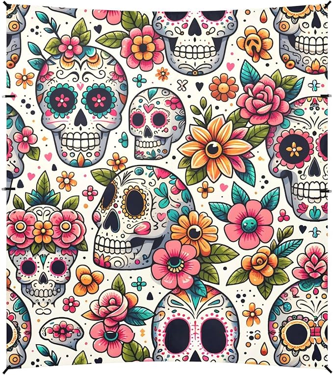 ALAZA Sugar Skull Day of Dead Flower Beach Tent Sun Shelter UPF50+ Protection Beach Shade Canopy w/ 4 Sandbags for Outdoor Camping Fishing Backyard Fun Picnic 10x9 ft